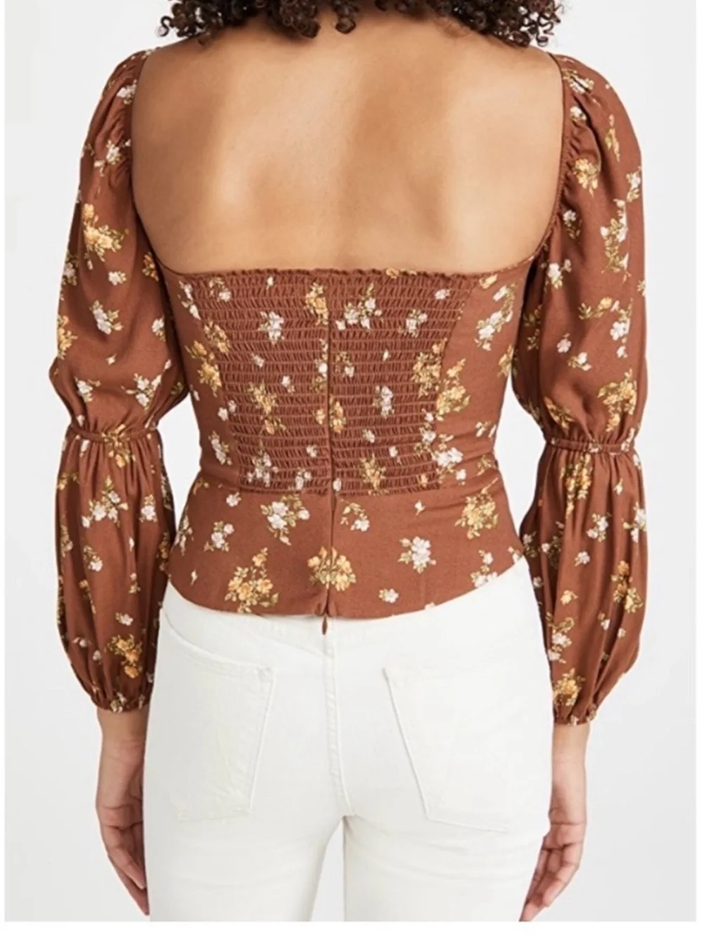 Reformation Brown Floral Square-Neck Puff-Sleeve Top